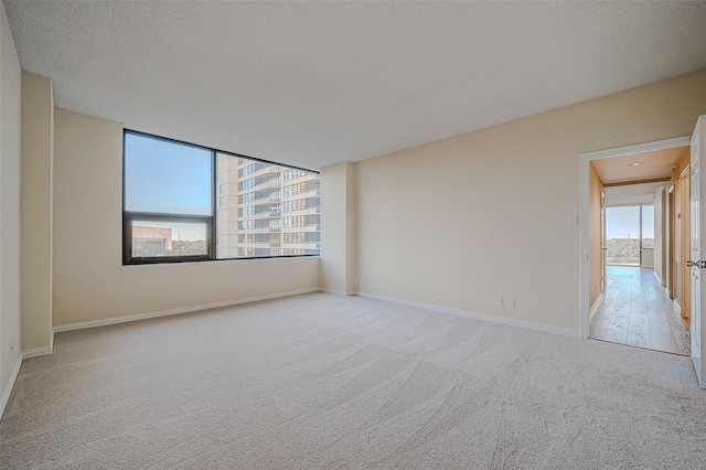 spare room with a textured ceiling, light colored carpet, and a wealth of natural light