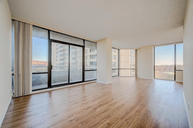 unfurnished room with expansive windows, light hardwood / wood-style floors, and a textured ceiling