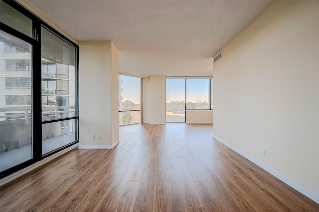 empty room with expansive windows, light hardwood / wood-style floors, and a textured ceiling