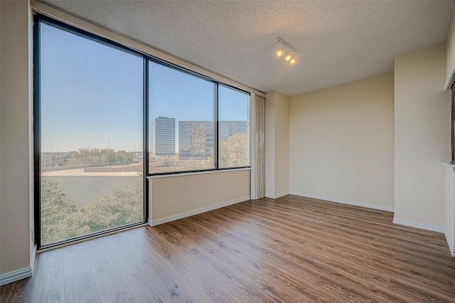 empty room with expansive windows, light hardwood / wood-style floors, and a textured ceiling