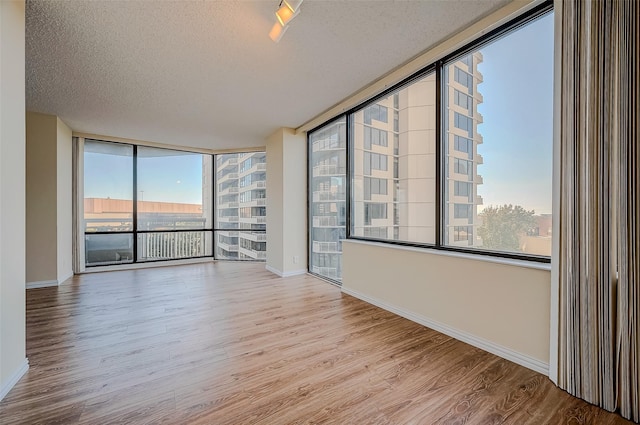 spare room featuring expansive windows, light hardwood / wood-style floors, and a textured ceiling