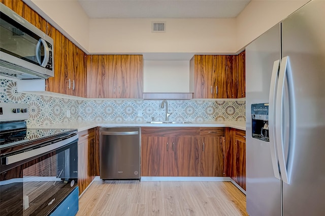 kitchen with decorative backsplash, light wood-type flooring, sink, and appliances with stainless steel finishes