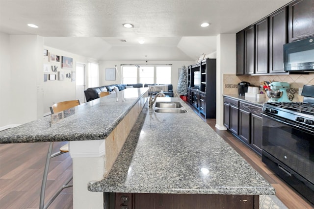 kitchen with sink, a large island with sink, and black appliances