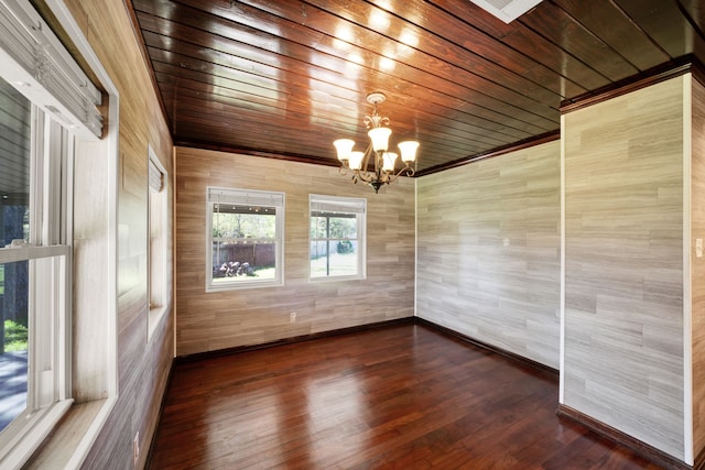 unfurnished room with wood ceiling, dark wood-type flooring, wooden walls, and an inviting chandelier