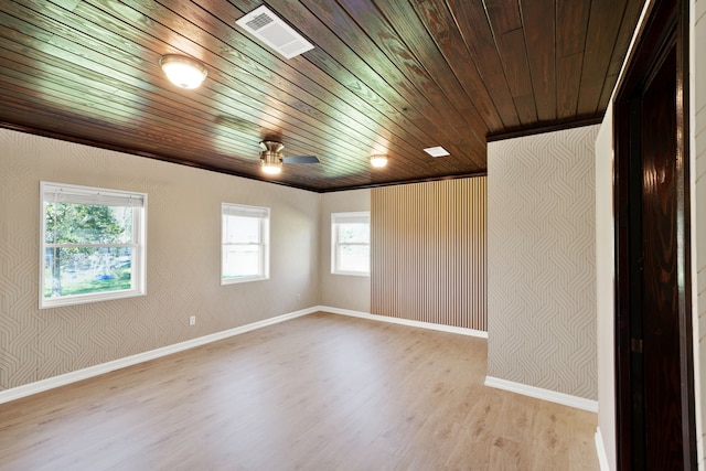 spare room with ceiling fan, wood ceiling, and light hardwood / wood-style flooring