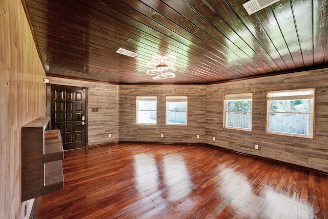 unfurnished room featuring wood walls, wooden ceiling, and wood-type flooring