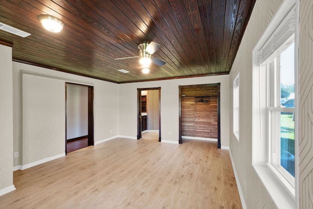 unfurnished bedroom featuring ceiling fan, light hardwood / wood-style flooring, wood ceiling, and ornamental molding