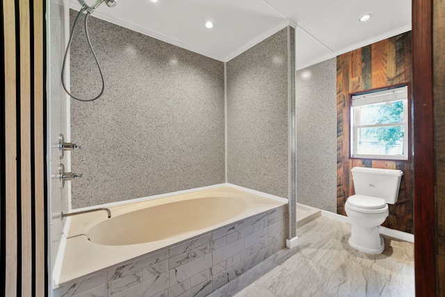 bathroom featuring shower with separate bathtub, toilet, and ornamental molding