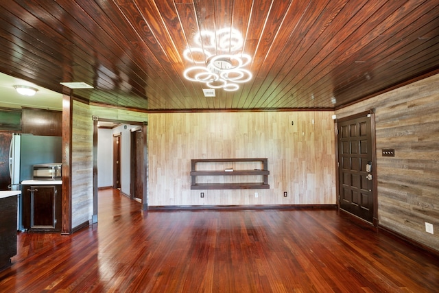 unfurnished living room with wood walls, dark hardwood / wood-style flooring, and wooden ceiling