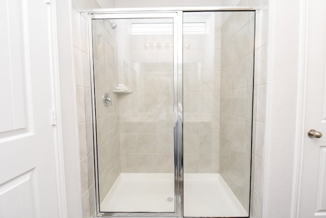 bathroom with a shower with shower door