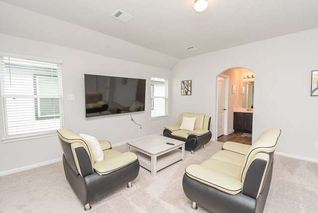 living room with light colored carpet and lofted ceiling