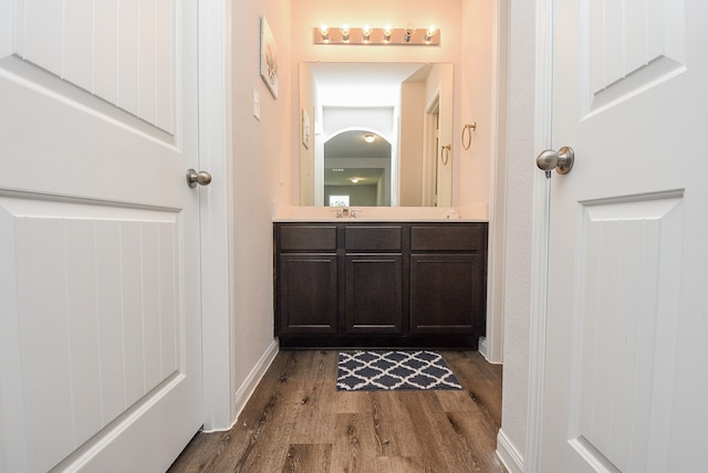 bathroom with wood-type flooring and vanity