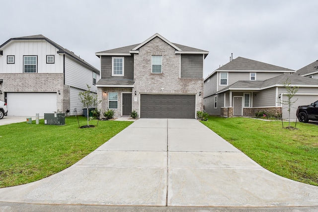 view of front of house featuring cooling unit, a garage, and a front yard