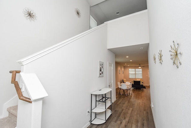 hallway featuring dark hardwood / wood-style floors and a high ceiling