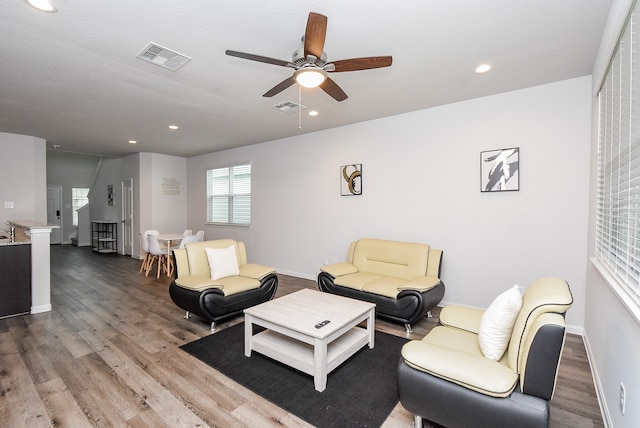 living room with ceiling fan and hardwood / wood-style flooring