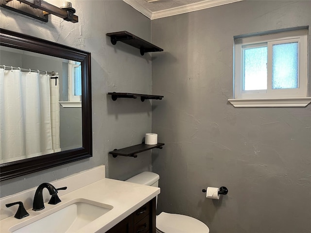 bathroom with toilet, vanity, and ornamental molding