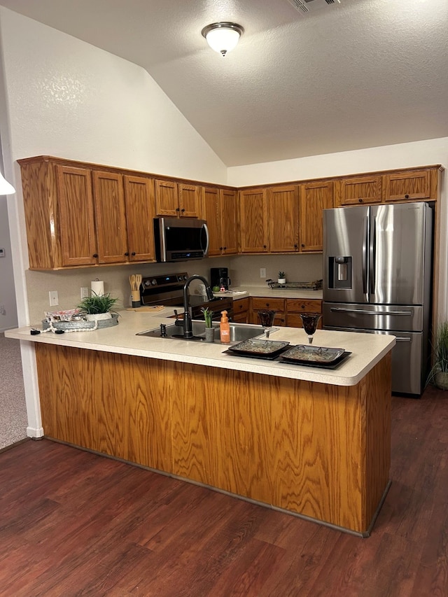 kitchen featuring sink, vaulted ceiling, dark hardwood / wood-style floors, appliances with stainless steel finishes, and kitchen peninsula