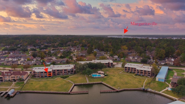 view of aerial view at dusk