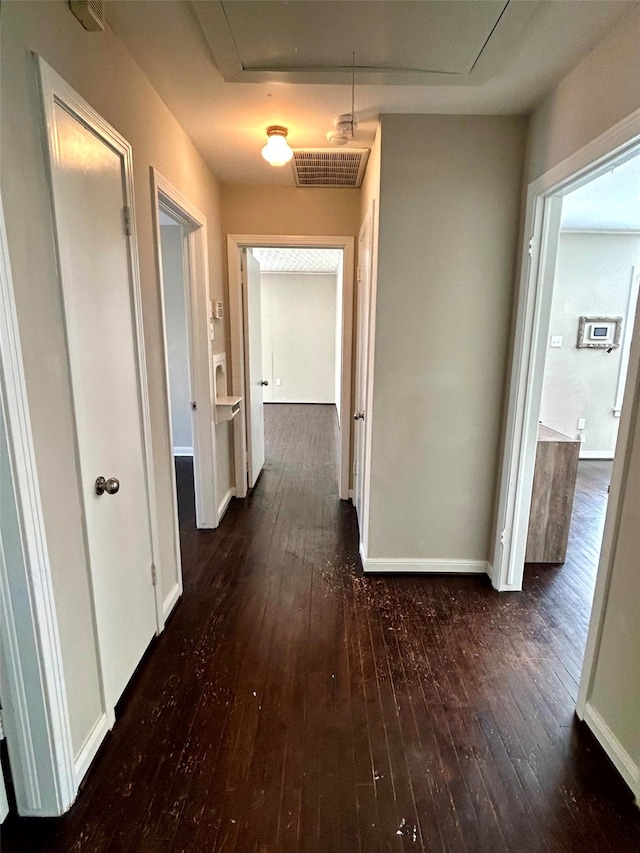 hallway with dark hardwood / wood-style flooring