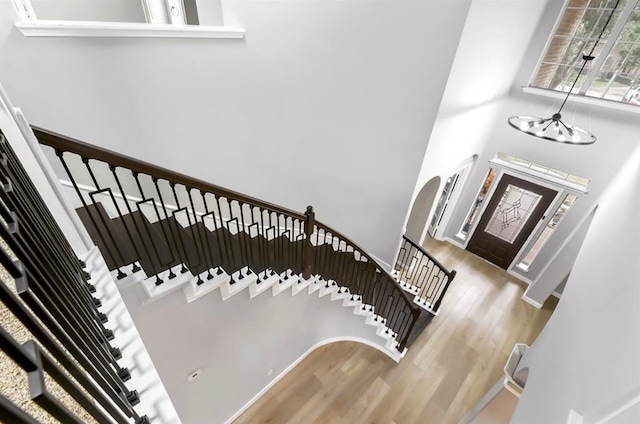 entryway featuring a chandelier, a high ceiling, and hardwood / wood-style flooring