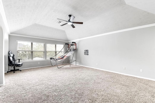 rec room featuring carpet flooring, ceiling fan, a textured ceiling, and vaulted ceiling