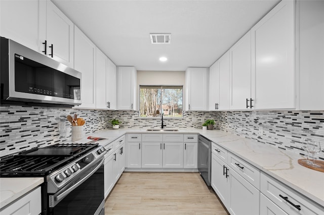 kitchen featuring white cabinetry, sink, stainless steel appliances, light hardwood / wood-style flooring, and decorative backsplash