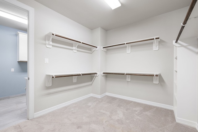 walk in closet with light carpet