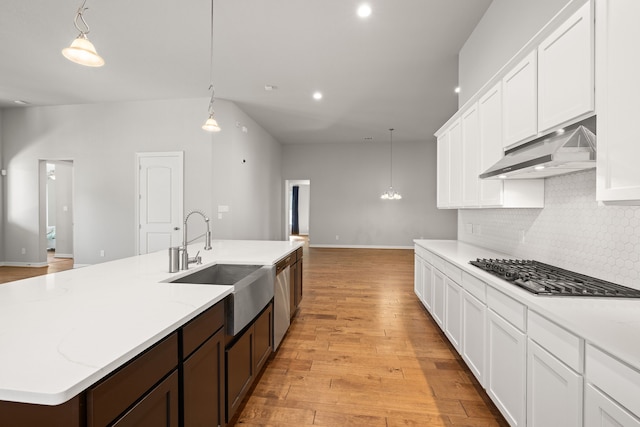 kitchen featuring sink, ventilation hood, light wood-type flooring, decorative light fixtures, and appliances with stainless steel finishes