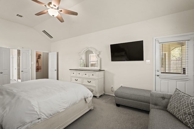 carpeted bedroom featuring ceiling fan and lofted ceiling