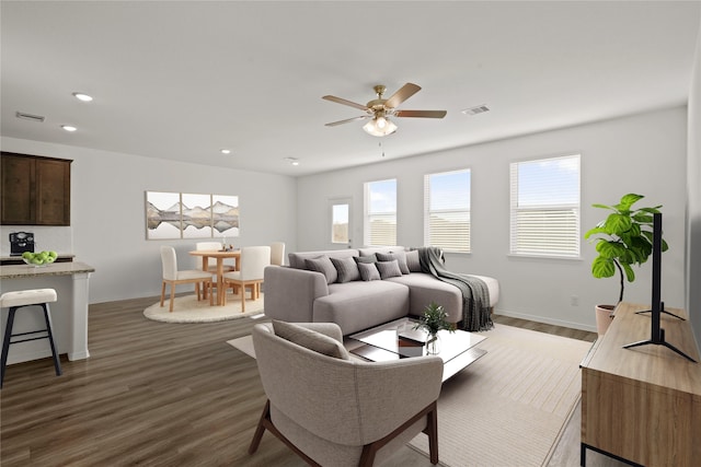 living room with ceiling fan and dark hardwood / wood-style flooring