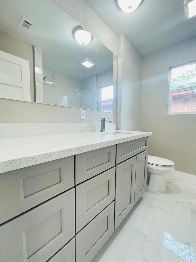 bathroom featuring a shower, vanity, and toilet