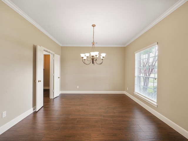 unfurnished room with a chandelier, dark hardwood / wood-style flooring, and ornamental molding