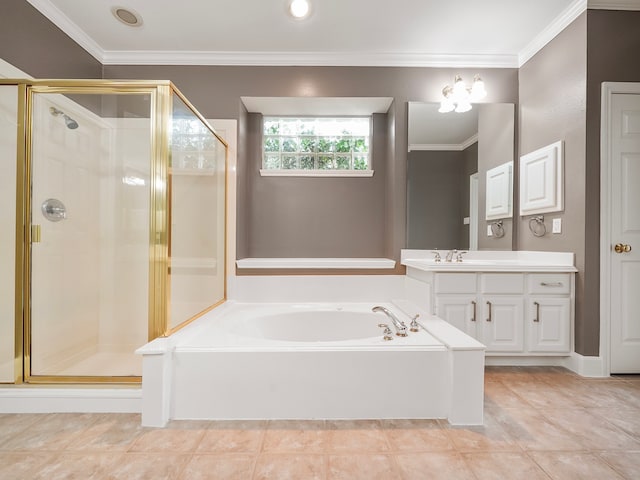 bathroom with crown molding, tile patterned flooring, vanity, and shower with separate bathtub