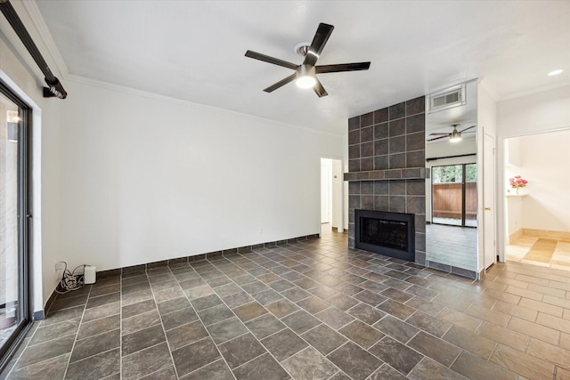 11711 Memorial Dr Unit 291, Houston, TX 77024 - unfurnished living room with a ceiling fan, visible vents, and ornamental molding