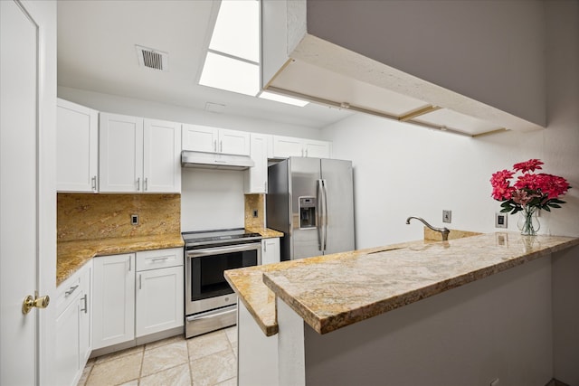 kitchen with light stone countertops, sink, stainless steel appliances, kitchen peninsula, and white cabinets