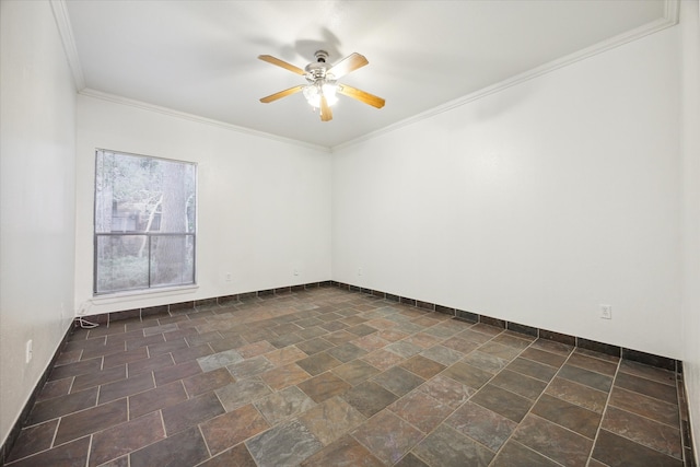 spare room with ceiling fan and ornamental molding