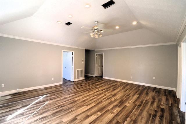 unfurnished bedroom featuring lofted ceiling, crown molding, ceiling fan, dark hardwood / wood-style flooring, and a closet