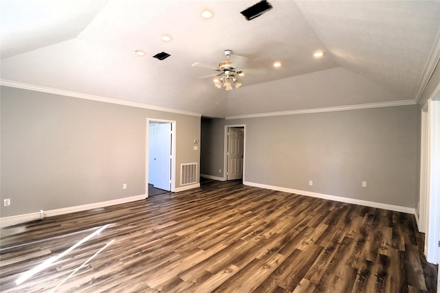 2304 Eagles Way, Pearland, TX 77581 - unfurnished room featuring vaulted ceiling, recessed lighting, dark wood-style flooring, a ceiling fan, and baseboards