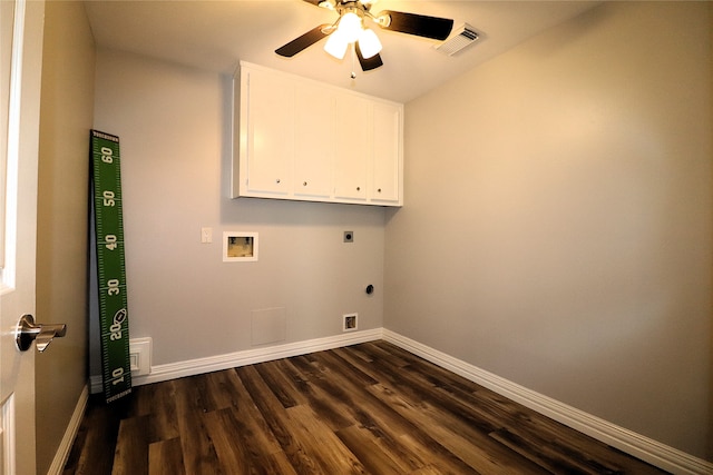 clothes washing area with cabinets, washer hookup, hookup for an electric dryer, ceiling fan, and dark hardwood / wood-style floors