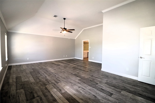 unfurnished living room with ornamental molding, lofted ceiling, ceiling fan, and dark wood-type flooring