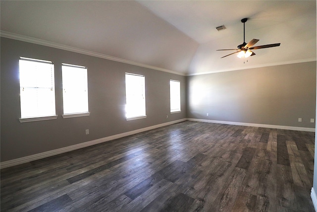 unfurnished room featuring ceiling fan, dark wood-type flooring, vaulted ceiling, and ornamental molding