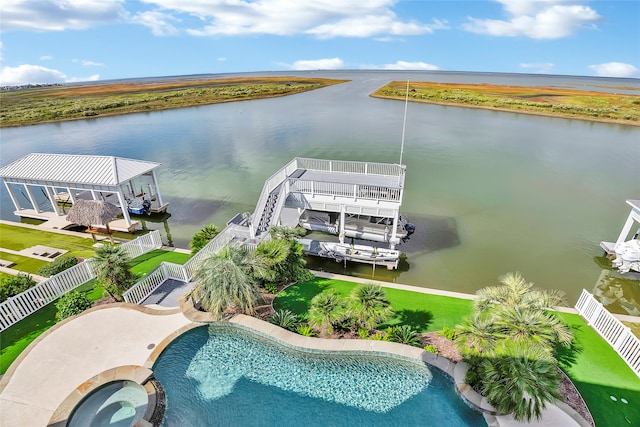 drone / aerial view featuring a water view