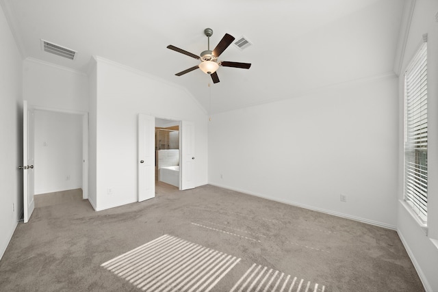 unfurnished bedroom with light carpet, ceiling fan, and ornamental molding