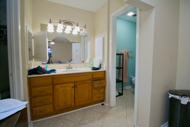 bathroom featuring tile patterned flooring, vanity, toilet, and ceiling fan