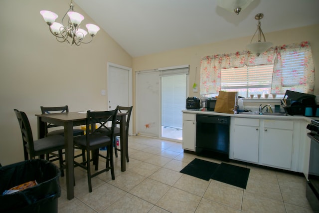 kitchen featuring white cabinets, pendant lighting, black dishwasher, and sink