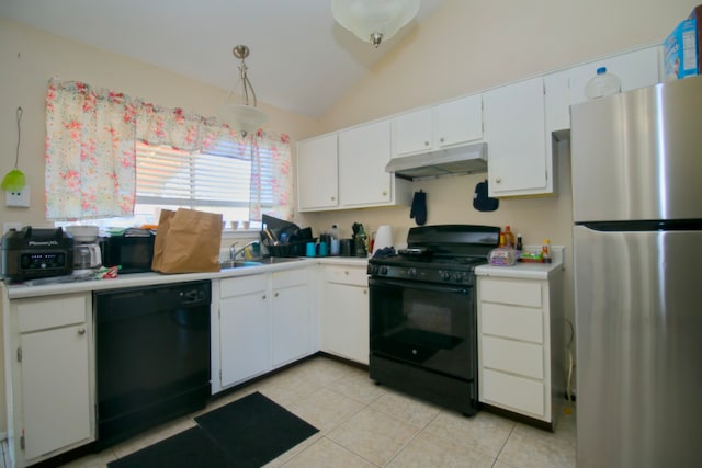 kitchen with lofted ceiling, black appliances, sink, light tile patterned floors, and white cabinetry