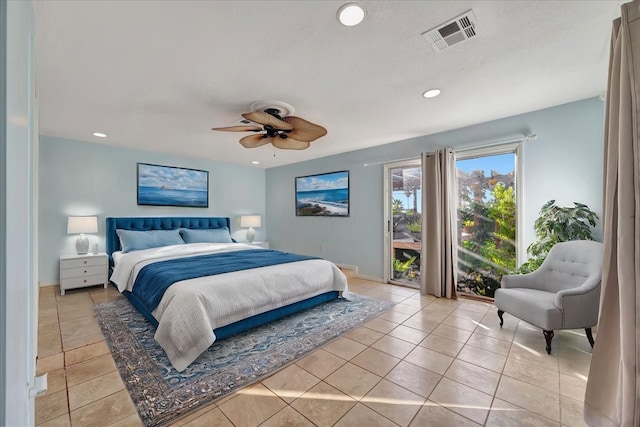 bedroom featuring access to exterior, ceiling fan, and light tile patterned floors