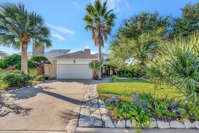 view of front of property featuring a front yard and a garage