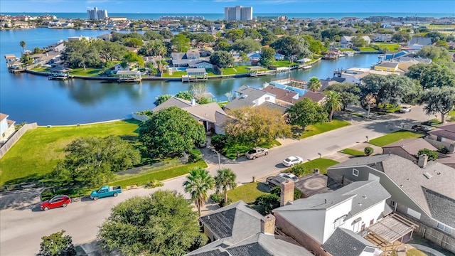 drone / aerial view featuring a water view