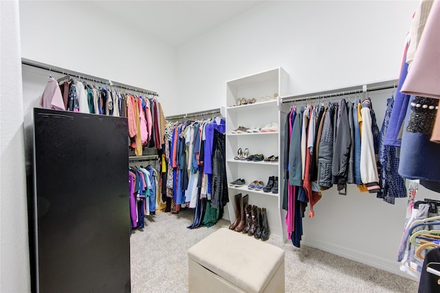 walk in closet with light carpet